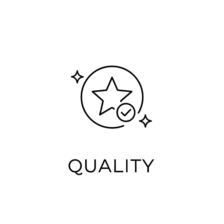 Icon of a star with a check mark and the word 'QUALITY' below it on a white background