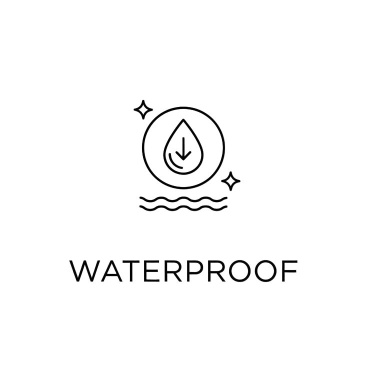 Icon with a droplet and wave, labeled 'Waterproof', on a white background